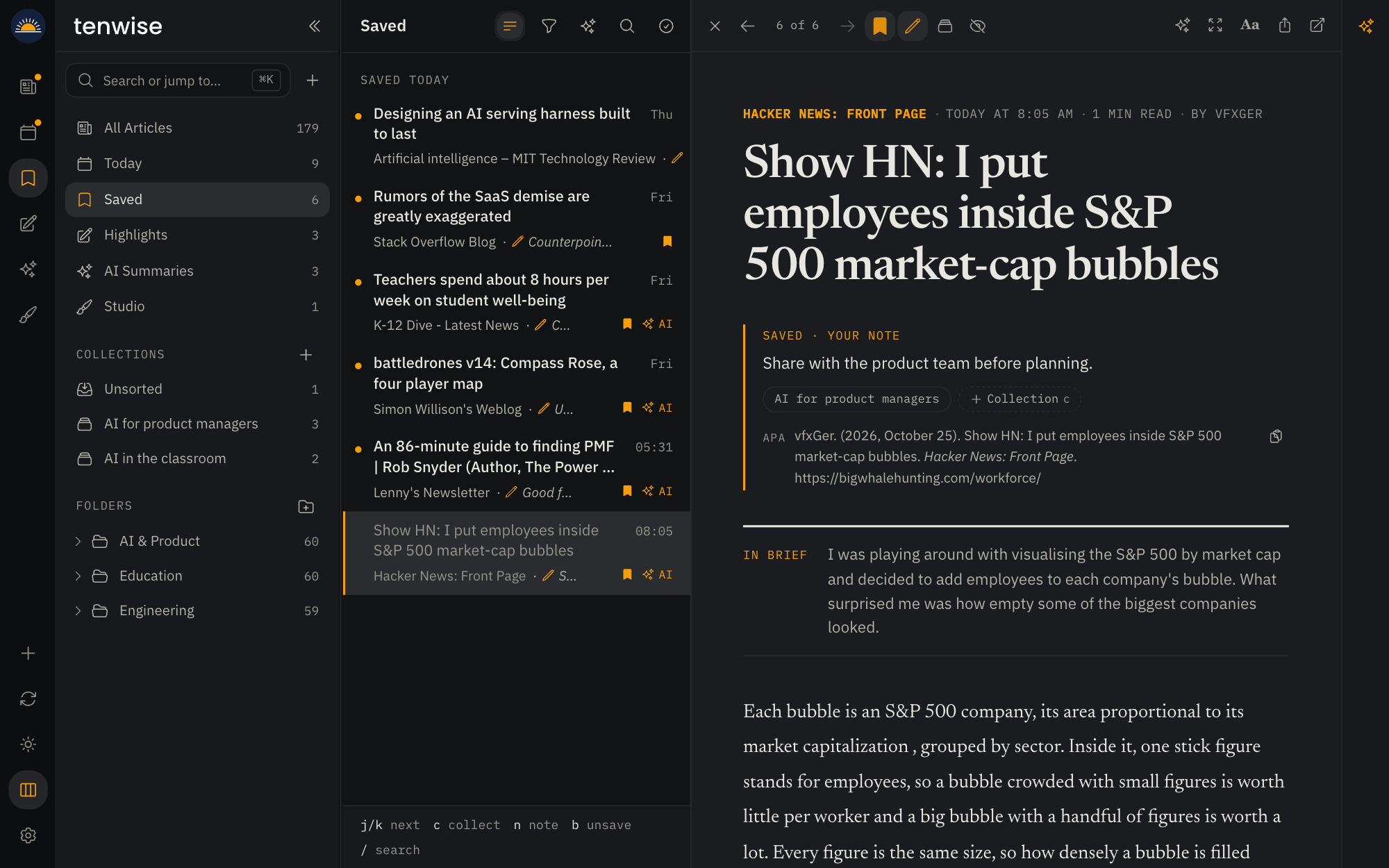 Tenwise calm docked reader with your saved note, citation, and summary