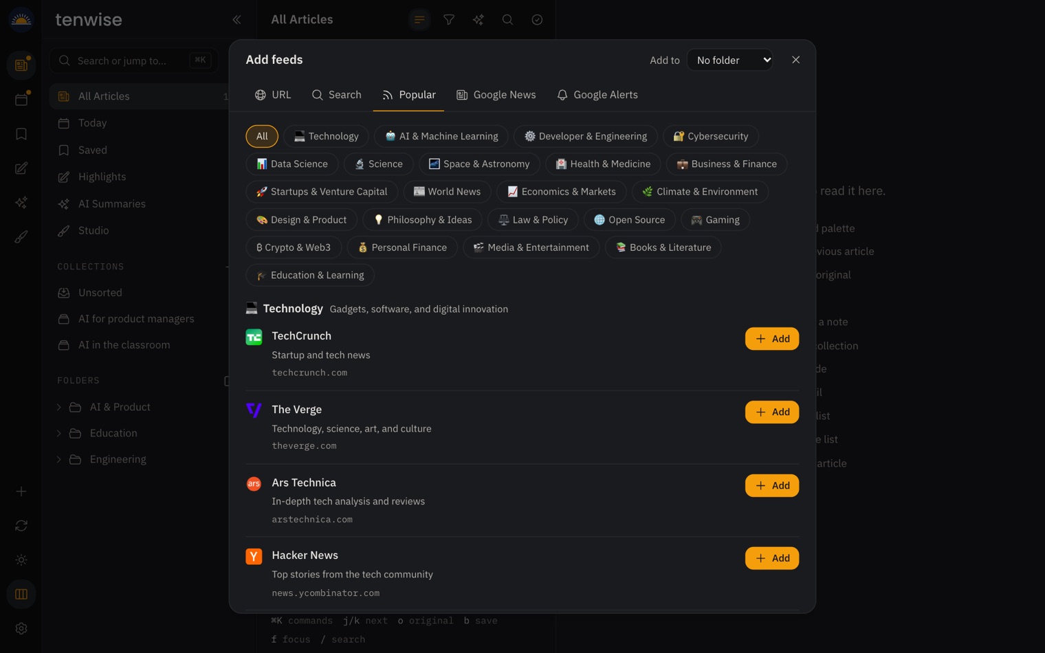 The Add feeds dialog on the Popular tab: topics such as Technology and Science, and sources with an Add button