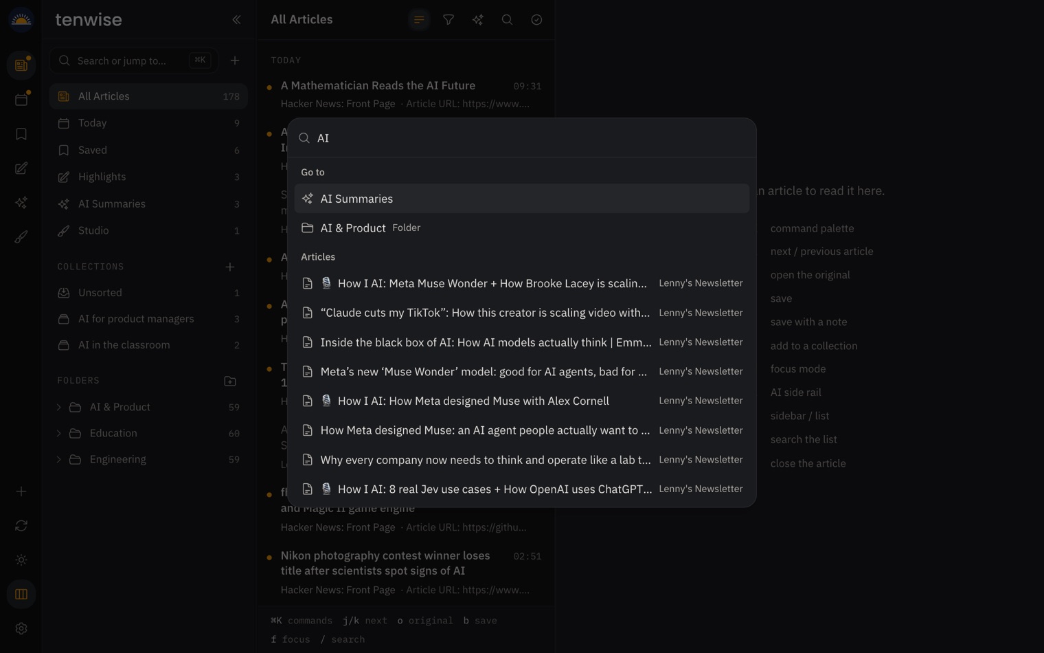The command palette open with AI typed, listing matching views and commands