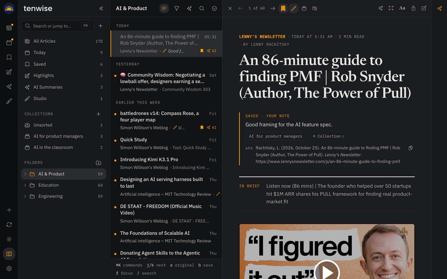 A folder of articles in dense rows, with one article open beside the list