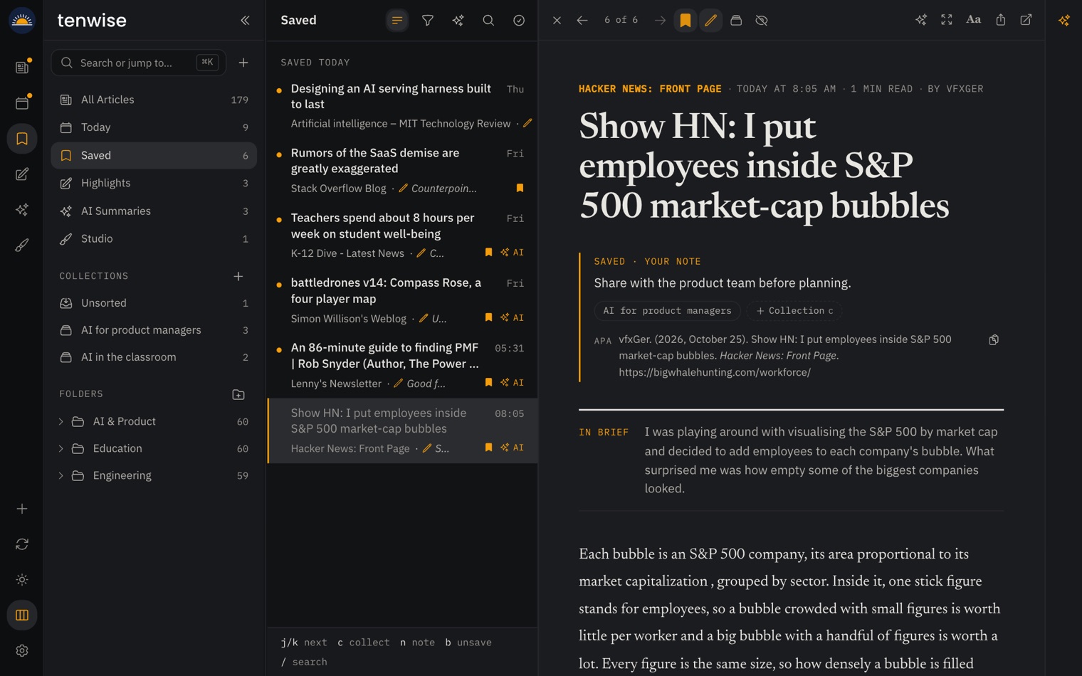 Saved articles, each with its note, and an open article showing the note, its collection and its citation