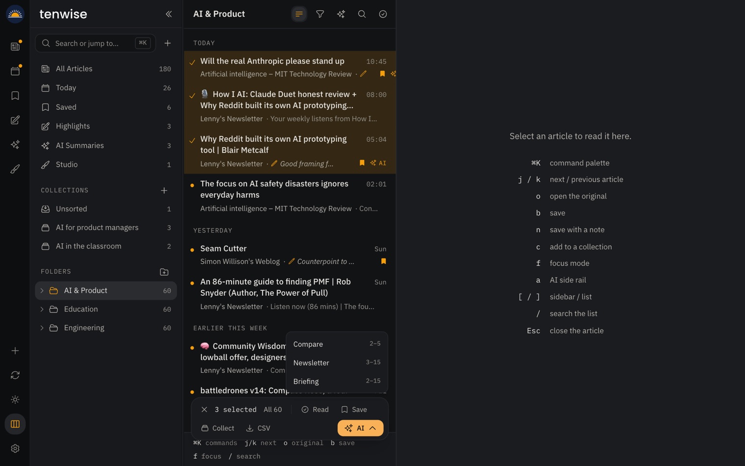 Three articles selected, with a bar offering Read, Save, Collect, CSV and an AI menu of Compare, Newsletter and Briefing
