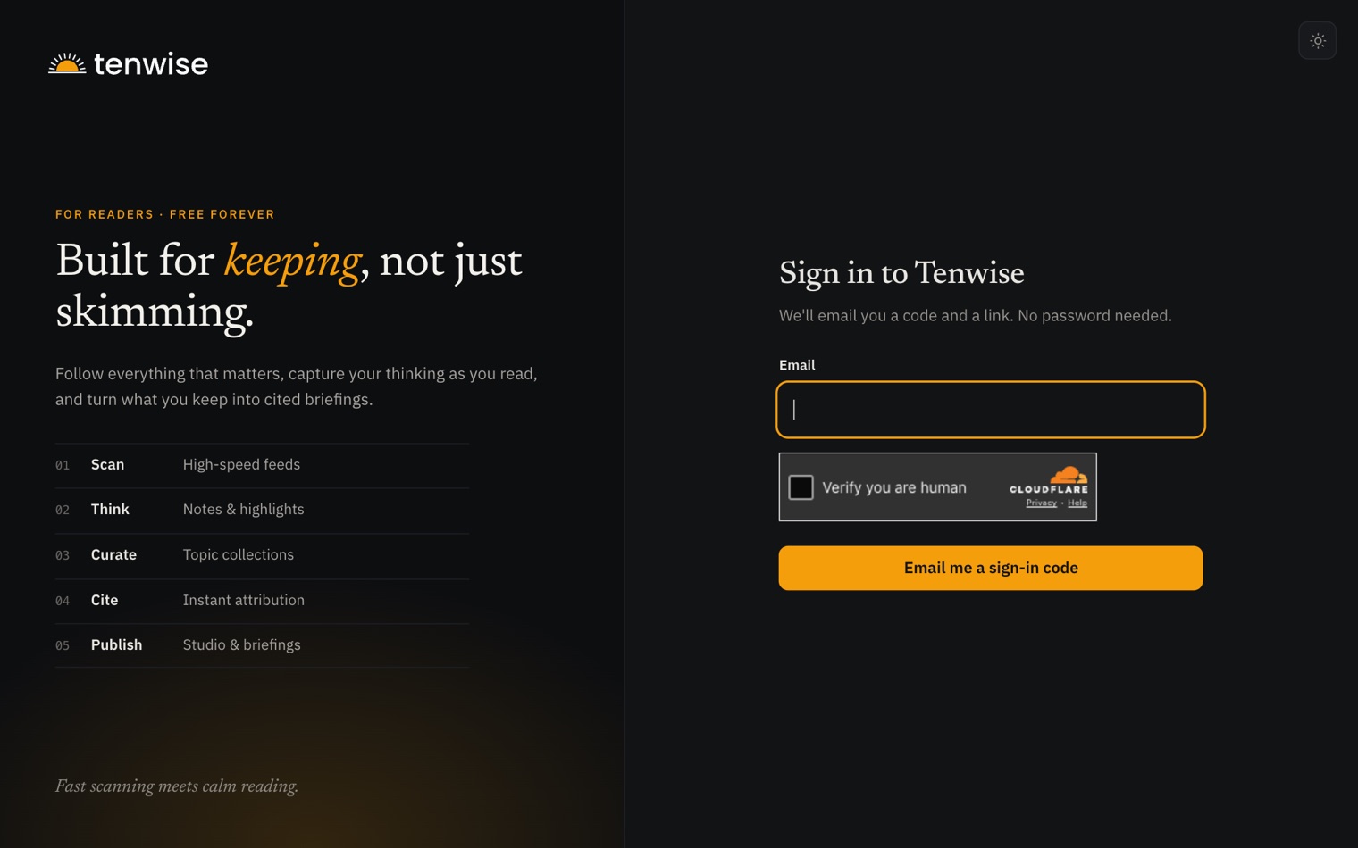 The Tenwise sign-in page: an email field and an Email me a sign-in code button