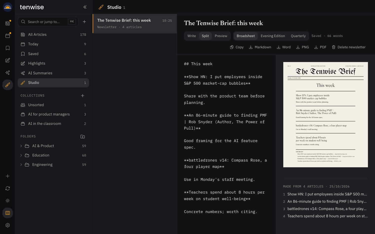 The Studio editor: Markdown on one side and the designed newsletter preview on the other